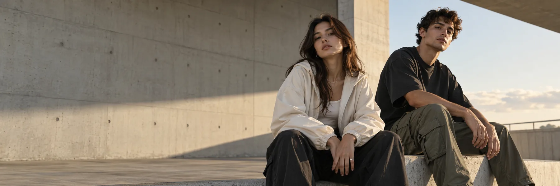 Due modelli streetwear in un ambiente architettonico contemporaneo