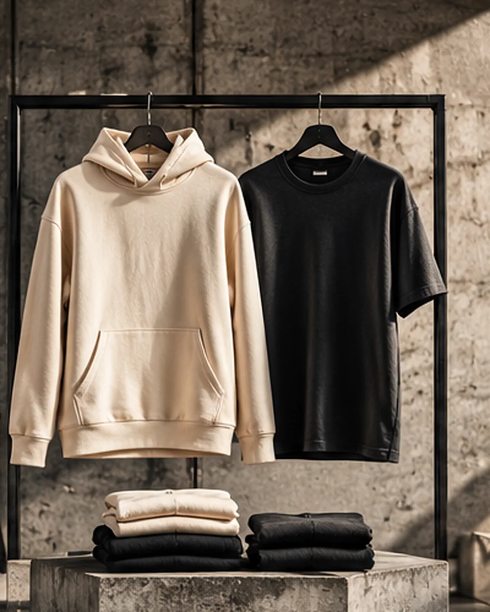 Felpe e T-shirt in una composizione editoriale che racconta l'evoluzione del brand