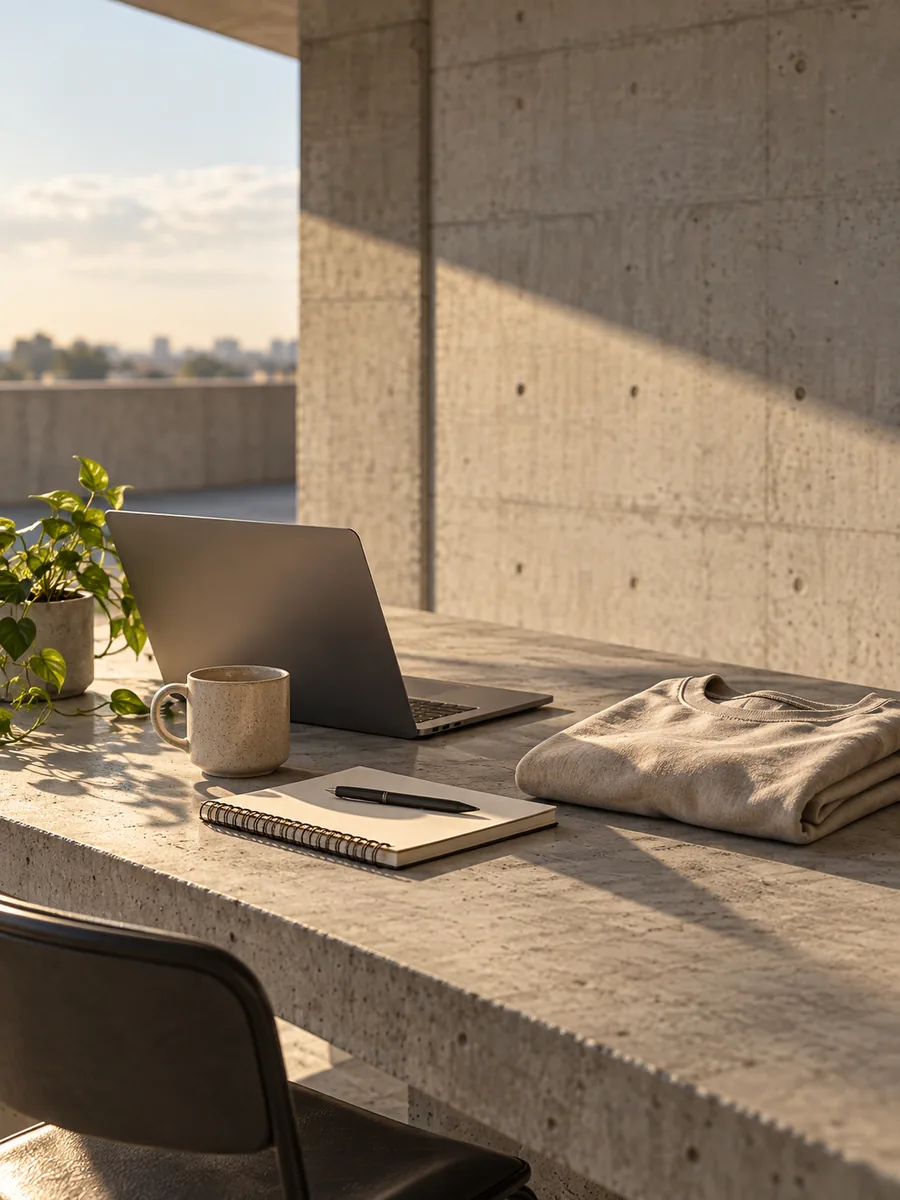 Spazio di lavoro editoriale con notebook, tazza, taccuino e abbigliamento