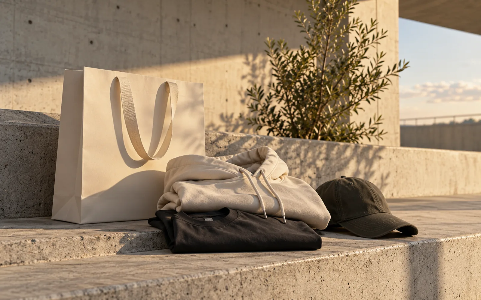 Felpe, T-shirt, shopper e cappello disposti in una composizione lifestyle editoriale